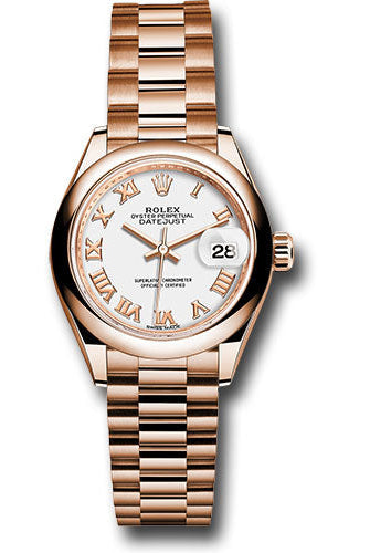 Rolex Everose Gold Lady-Datejust 28 Watch - Domed Bezel - White Roman Dial - President Bracelet - 279165 wrp