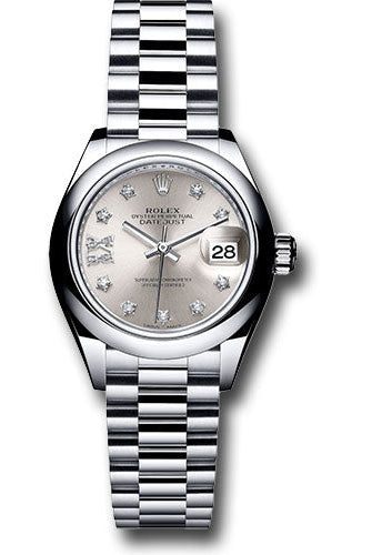 Rolex Platinum Lady-Datejust 28 Watch - Domed Bezel - Silver Diamond Star Dial - President Bracelet - 279166 s9dix8dp