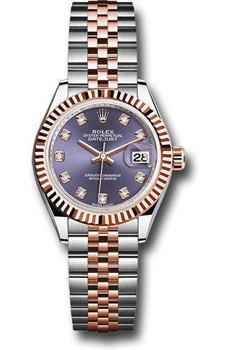 Rolex Steel and Everose Gold Rolesor Lady-Datejust 28 Watch - Fluted Bezel - Aubergine Diamond Dial - Jubilee Bracelet -