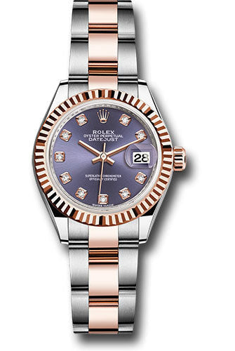 Rolex Steel and Everose Gold Rolesor Lady-Datejust 28 Watch - Fluted Bezel - Aubergine Diamond Dial - Oyster Bracelet -