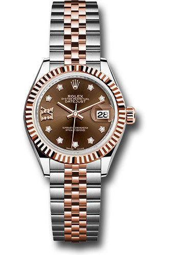 Rolex Steel and Everose Gold Rolesor Lady-Datejust 28 Watch - Fluted Bezel - Chocolate Diamond Star Dial - Jubilee Bracelet