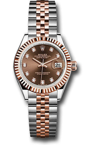 Rolex Steel and Everose Gold Rolesor Lady-Datejust 28 Watch - Fluted Bezel - Chocolate Diamond Dial - Jubilee Bracelet -