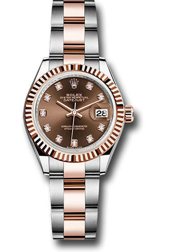 Rolex Steel and Everose Gold Rolesor Lady-Datejust 28 Watch - Fluted Bezel - Chocolate Diamond Dial - Oyster Bracelet -