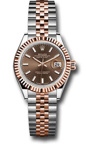 Rolex Steel and Everose Gold Rolesor Lady-Datejust 28 Watch - Fluted Bezel - Chocolate Index Dial - Jubilee Bracelet -
