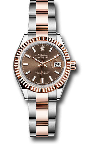Rolex Steel and Everose Gold Rolesor Lady-Datejust 28 Watch - Fluted Bezel - Chocolate Index Dial - Oyster Bracelet - 279171
