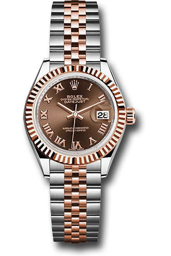 Rolex Steel and Everose Gold Rolesor Lady-Datejust 28 Watch - Fluted Bezel - Chocolate Roman Dial - Jubilee Bracelet -