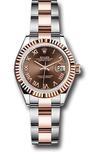 Rolex Steel and Everose Gold Rolesor Lady-Datejust 28 Watch - Fluted Bezel - Chocolate Roman Dial - Oyster Bracelet - 279171