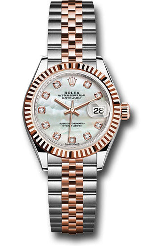 Rolex Steel and Everose Gold Rolesor Lady-Datejust 28 Watch - Fluted Bezel - White Mother-Of-Pearl Diamond Dial - Jubilee