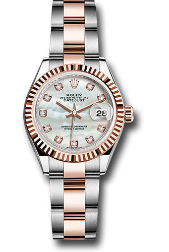 Rolex Steel and Everose Gold Rolesor Lady-Datejust 28 Watch - Fluted Bezel - White Mother-Of-Pearl Diamond Dial - Oyster