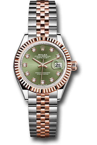 Rolex Steel and Everose Gold Rolesor Lady-Datejust 28 Watch - Fluted Bezel - Olive Green Diamond Dial - Jubilee Bracelet -