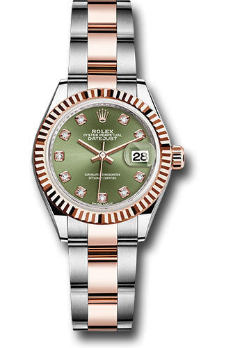 Rolex Steel and Everose Gold Rolesor Lady-Datejust 28 Watch - Fluted Bezel - Olive Green Diamond Dial - Oyster Bracelet -