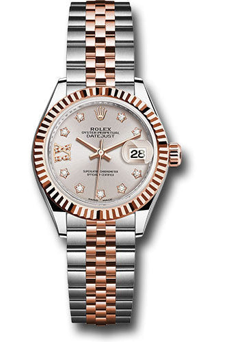 Rolex Steel and Everose Gold Rolesor Lady-Datejust 28 Watch - Fluted Bezel - Sundust Diamond Star Dial - Jubilee Bracelet -