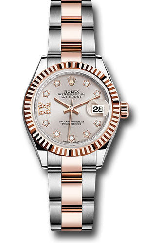 Rolex Steel and Everose Gold Rolesor Lady-Datejust 28 Watch - Fluted Bezel - Sundust Diamond Star Dial - Oyster Bracelet -