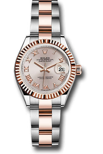 Rolex Steel and Everose Gold Rolesor Lady-Datejust 28 Watch - Fluted Bezel - Sundust Roman Dial - Oyster Bracelet - 279171