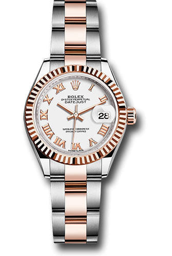 Rolex Steel and Everose Gold Rolesor Lady-Datejust 28 Watch - Fluted Bezel - White Roman Dial - Oyster Bracelet - 279171 wro
