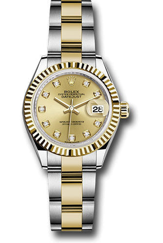 Rolex Steel and Yellow Gold Rolesor Lady-Datejust 28 Watch - Fluted Bezel - Champagne Diamond Dial - Oyster Bracelet -