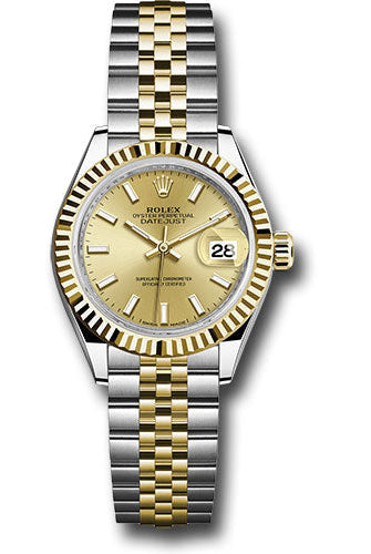 Rolex Steel and Yellow Gold Rolesor Lady-Datejust 28 Watch - Fluted Bezel - Champagne Index Dial - Jubilee Bracelet - 279173