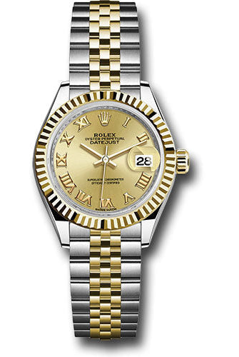 Rolex Steel and Yellow Gold Rolesor Lady-Datejust 28 Watch - Fluted Bezel - Champagne Roman Dial - Jubilee Bracelet - 279173