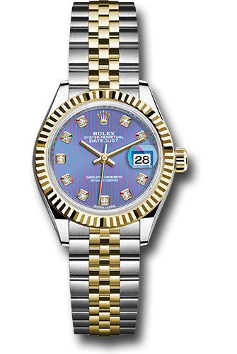 Rolex Steel and Yellow Gold Rolesor Lady-Datejust 28 Watch - Fluted Bezel - Lavender Diamond Dial - Jubilee Bracelet -