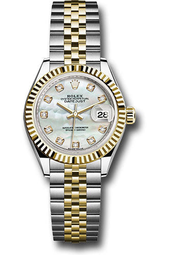 Rolex Steel and Yellow Gold Rolesor Lady-Datejust 28 Watch - Fluted Bezel - White Mother-Of-Pearl Diamond Dial - Jubilee