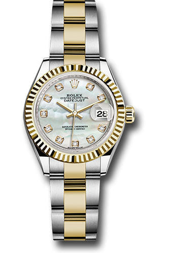 Rolex Steel and Yellow Gold Rolesor Lady-Datejust 28 Watch - Fluted Bezel - White Mother-Of-Pearl Diamond Dial - Oyster