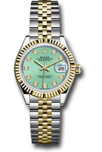 Rolex Steel and Yellow Gold Rolesor Lady-Datejust 28 Watch - Fluted Bezel - Mint Green Diamond Dial - Jubilee Bracelet -