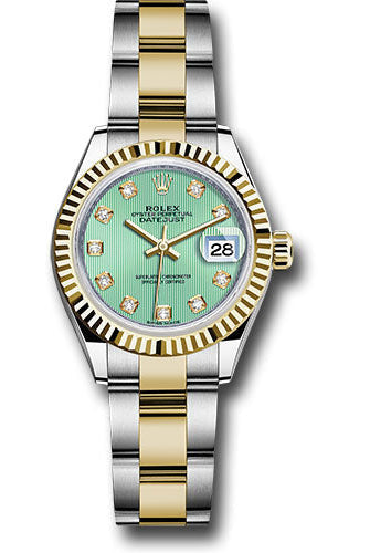 Rolex Steel and Yellow Gold Rolesor Lady-Datejust 28 Watch - Fluted Bezel - Mint Green Diamond Dial - Oyster Bracelet -