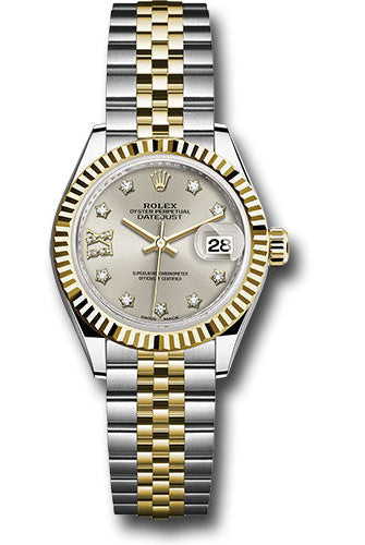 Rolex Steel and Yellow Gold Rolesor Lady-Datejust 28 Watch - Fluted Bezel - Silver Diamond Star Dial - Jubilee Bracelet -