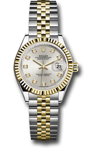 Rolex Steel and Yellow Gold Rolesor Lady-Datejust 28 Watch - Fluted Bezel - Silver Diamond Dial - Jubilee Bracelet - 279173