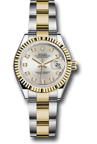 Rolex Steel and Yellow Gold Rolesor Lady-Datejust 28 Watch - Fluted Bezel - Silver Diamond Dial - Oyster Bracelet - 279173