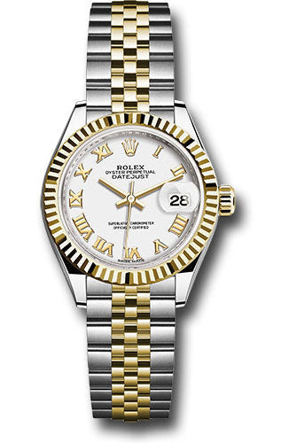 Rolex Steel and Yellow Gold Rolesor Lady-Datejust 28 Watch - Fluted Bezel - White Roman Dial - Jubilee Bracelet - 279173 wrj