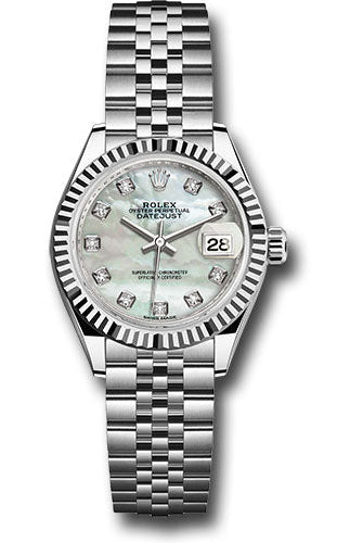 Rolex Steel and White Gold Rolesor Lady-Datejust 28 Watch - Fluted Bezel - White Mother-Of-Pearl Diamond Dial - Jubilee