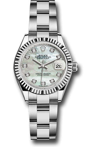 Rolex Steel and White Gold Rolesor Lady-Datejust 28 Watch - Fluted Bezel - White Mother-Of-Pearl Diamond Dial - Oyster