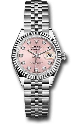 Rolex Steel and White Gold Rolesor Lady-Datejust 28 Watch - Fluted Bezel - Pink Diamond Dial - Jubilee Bracelet - 279174 pdj