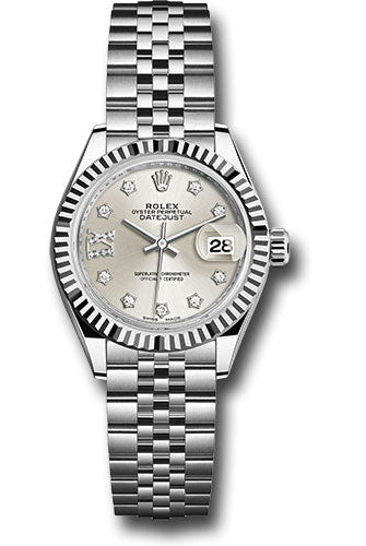 Rolex Steel and White Gold Rolesor Lady-Datejust 28 Watch - Fluted Bezel - Silver Diamond Star Dial - Jubilee Bracelet -