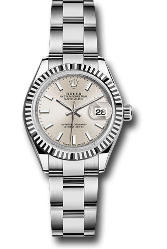 Rolex Steel and White Gold Rolesor Lady-Datejust 28 Watch - Fluted Bezel - Silver Index Dial - Oyster Bracelet - 279174 sio