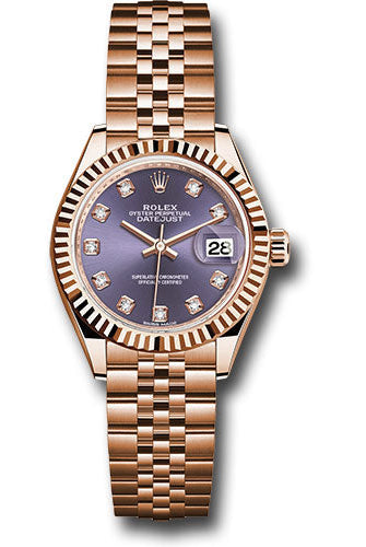 Rolex Everose Gold Lady-Datejust 28 Watch - Fluted Bezel - Aubergine Diamond Dial - Jubilee Bracelet - 279175 adj