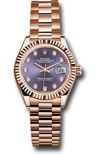 Rolex Everose Gold Lady-Datejust 28 Watch - Fluted Bezel - Aubergine Diamond Dial - President Bracelet - 279175 adp