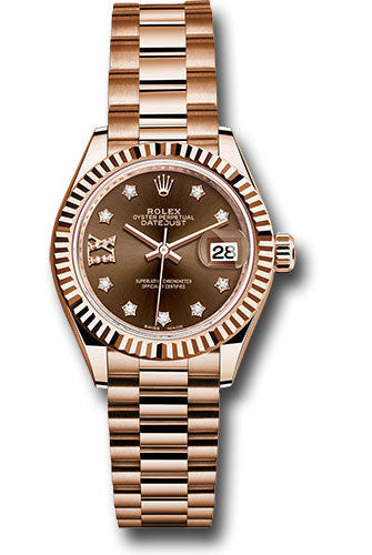 Rolex Everose Gold Lady-Datejust 28 Watch - Fluted Bezel - Chocolate Diamond Star Dial - President Bracelet - 279175