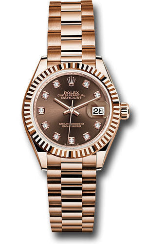 Rolex Everose Gold Lady-Datejust Watch - Fluted Bezel - Chocolate Diamond Dial - President Bracelet - 279175 chodp