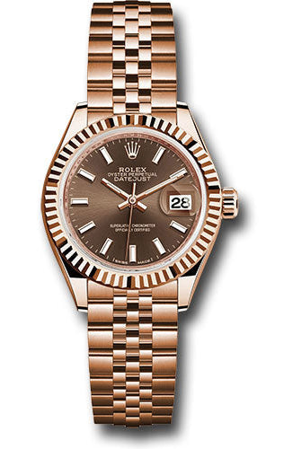 Rolex Everose Gold Lady-Datejust 28 Watch - Fluted Bezel - Chocolate Index Dial - Jubilee Bracelet - 279175 choij