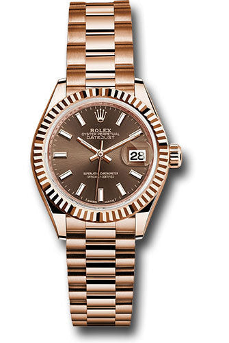 Rolex Everose Gold Lady-Datejust 28 Watch - Fluted Bezel - Chocolate Index Dial - President Bracelet - 279175 choip