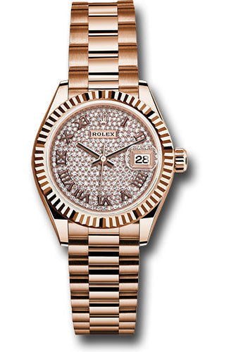 Rolex Everose Gold Lady-Datejust Watch - Fluted Bezel - Diamond-Paved Diamond Roman Dial - President Bracelet - 279175 dprp