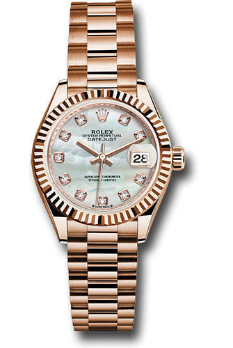 Rolex Everose Gold Lady-Datejust Watch - Fluted Bezel - White Mother-Of-Pearl Diamond Dial - President Bracelet - 279175 mdp