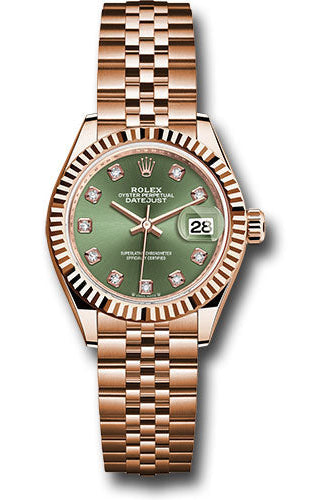 Rolex Everose Gold Lady-Datejust 28 Watch - Fluted Bezel - Olive Green Diamond Dial - Jubilee Bracelet - 279175 ogdj