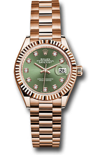 Rolex Everose Gold Lady-Datejust 28 Watch - Fluted Bezel - Olive Green Diamond Dial - President Bracelet - 279175 ogdp