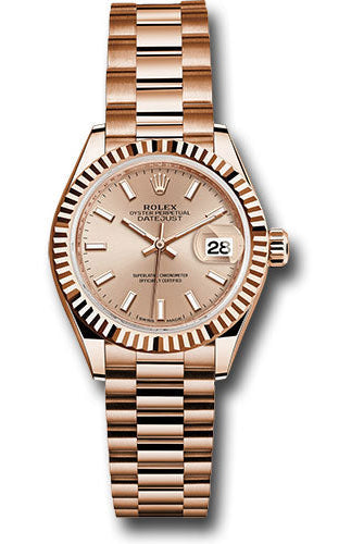 Rolex Everose Gold Lady-Datejust 28 Watch - Fluted Bezel - Pink Sundust Index Dial - President Bracelet - 279175 pip