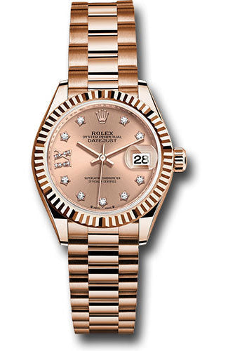 Rolex Everose Gold Lady-Datejust Watch - Fluted Bezel - Rose Star Diamond Roman 9 Dial - President Bracelet - 279175