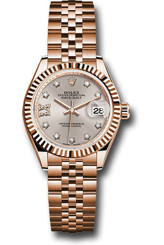 Rolex Everose Gold Lady-Datejust 28 Watch - Fluted Bezel - Silver Sundust Diamond Star Dial - Jubilee Bracelet - 279175