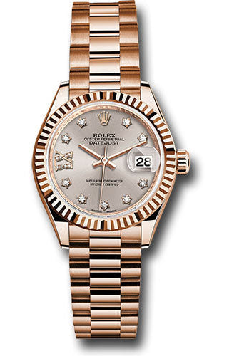 Rolex Everose Gold Lady-Datejust 28 Watch - Fluted Bezel - Silver Sundust Diamond Star Dial - President Bracelet - 279175